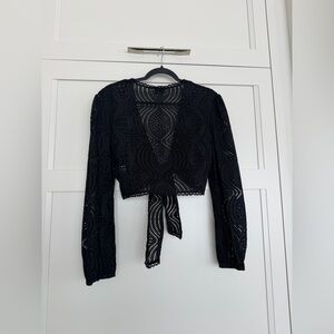 Miguelina Black Eyelet Embroidery Tie-Front Blouse